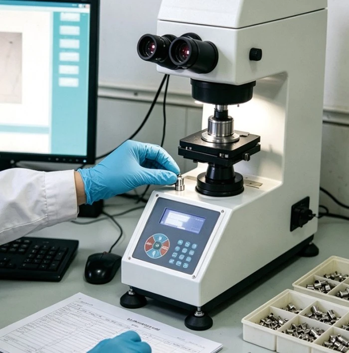 Photos of quality inspection, dimensional inspection, and hardness testing equipment for M12x1.5 spherical-seat wheel bolts.